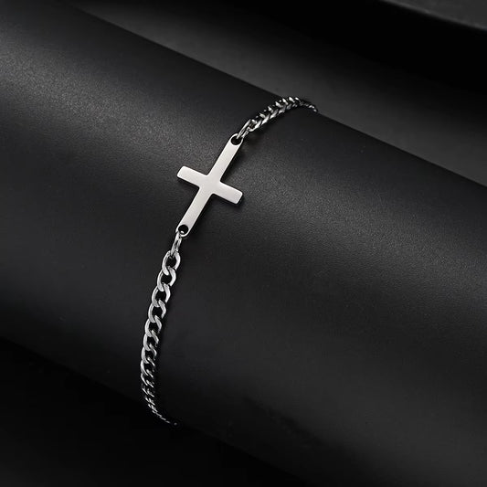 Simple Men'S Stainless Steel Cross Cuban Bracelets Punk Silver Color Charm Bracelet Fashion Hip Hop Daily Jewelry Accessory 2025