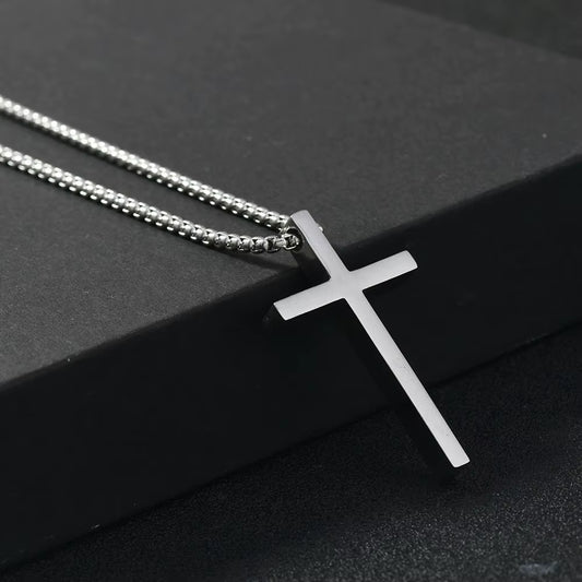 Stainless Steel Cross Necklace for Men Boys,Silver Color Plain Cross Pendant Collar,Hiphop Classic Punk Jewelry Gift